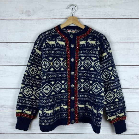 Vintage Sweaters - Vintage 60s Norway Fair Isle Wool Cardigan Sweater Small